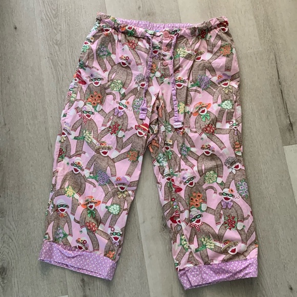 Nick & Nora Cotton PJ Pants monkeys‎ print floral pink lounge pants wear size M - Picture 1 of 13